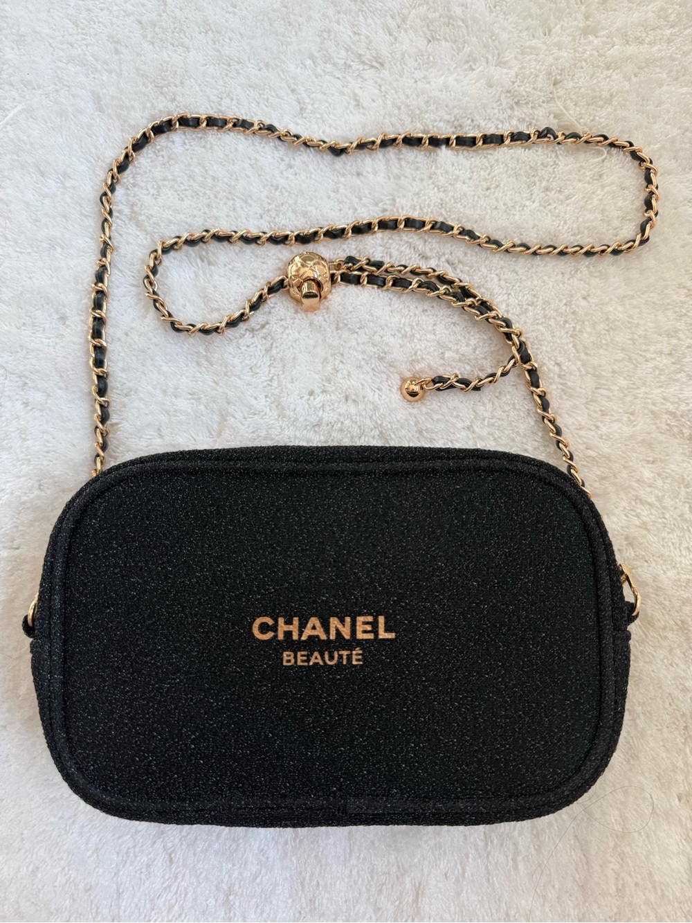 Chanel Beauté Black Sparkly Crossbody Bag/Makeup Pouch with Adjustable Chain